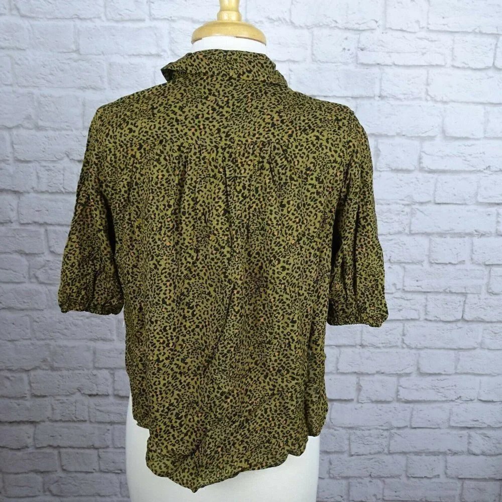 NWT Free People Celia Top Leopard Print Tie-Front Puff Sleeves Button Down XS